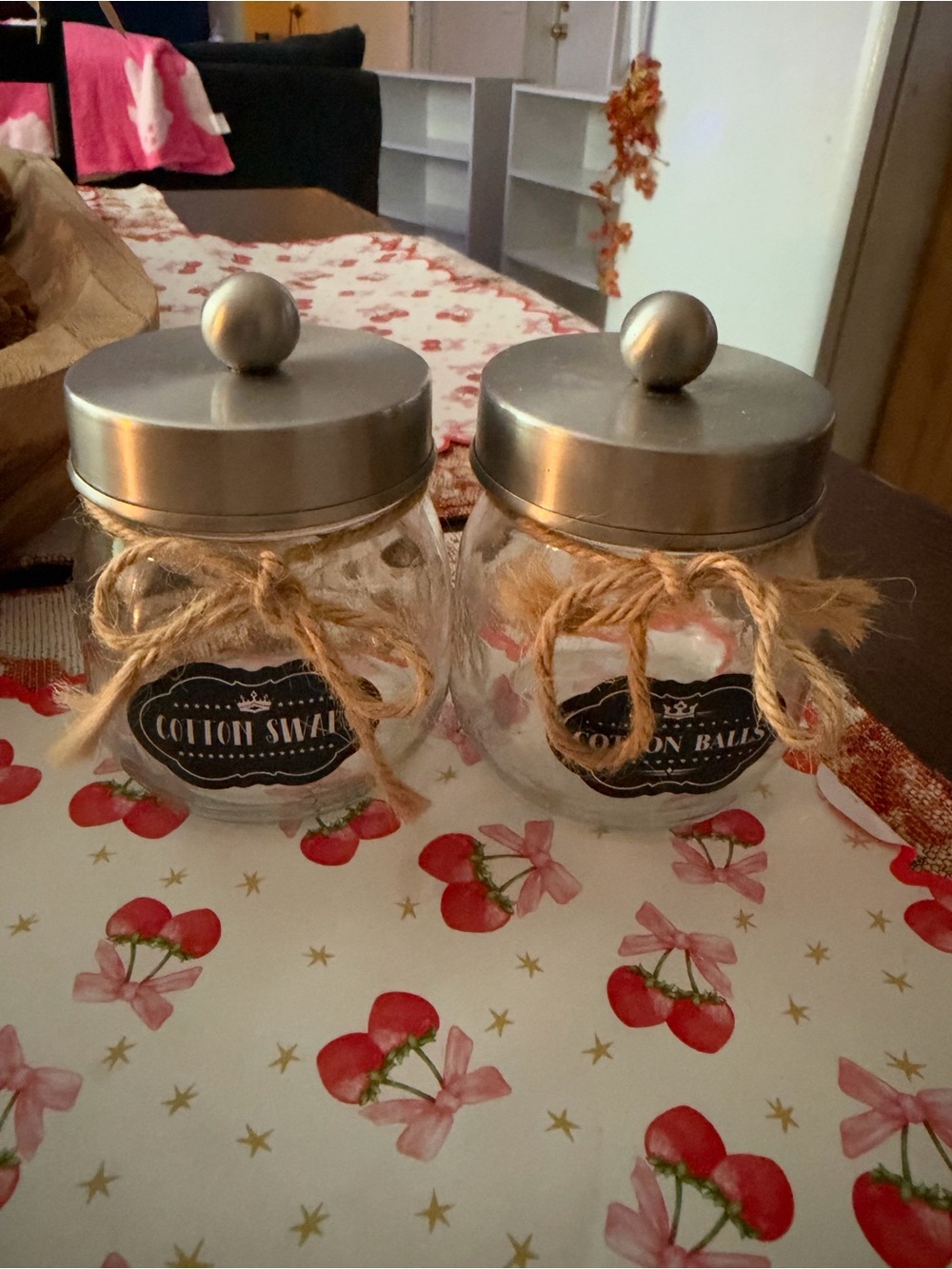 Rustic Cotton Swab & Cotton Ball Glass Jars with Silver Lids